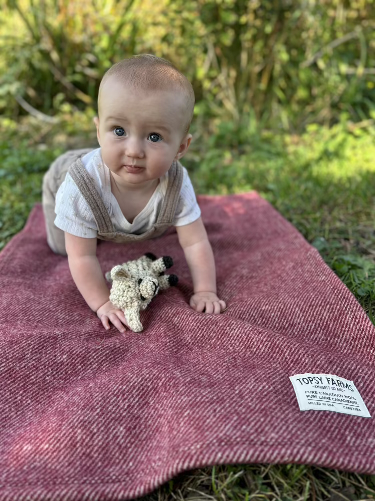 Baby on Topsy Farms' wool blanket in yard