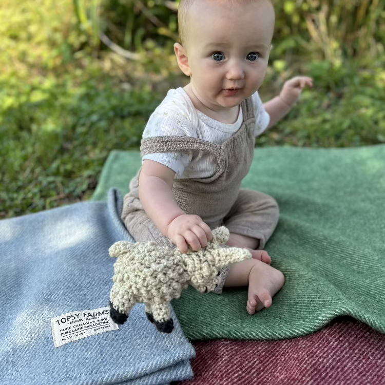 Baby on Topsy Farms' wool baby blankets in a yarn