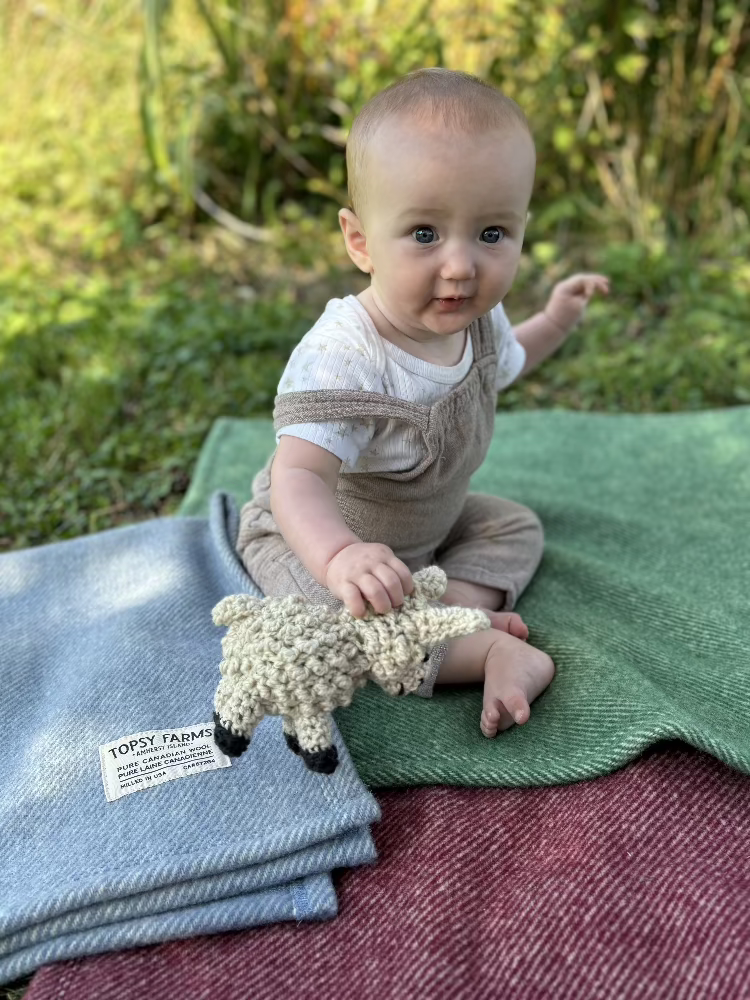 Baby on Topsy Farms' wool baby blankets in a yarn