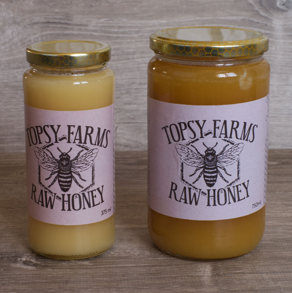 2 different sized jars of Topsy Farms Raw Honey with bee on label