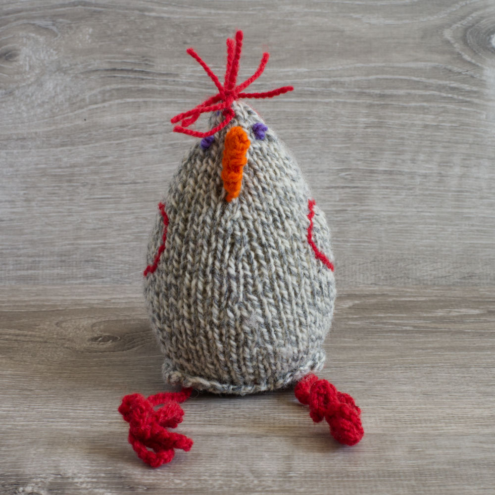 knitted cartoonish chicken, made from Topsy Farms wool